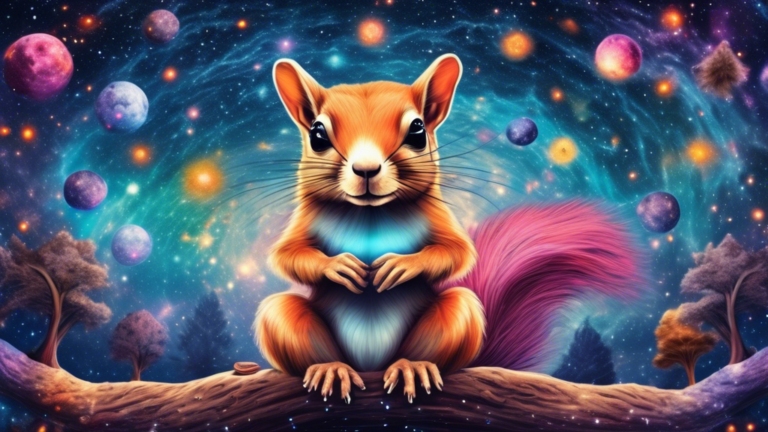 A surreal image of a giant squirrel meditating under a cosmic tree, with vibrant galaxies and stars in the background, surrounded by smaller squirrels in various yoga poses, set in a serene, magical f