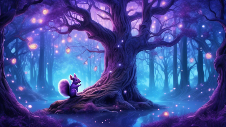 Create a mystical forest scene at twilight with vibrant purple and blue hues, featuring a squirrel sitting atop an ancient, gnarled tree. The tree is surrounded by softly glowing fireflies, and the sq