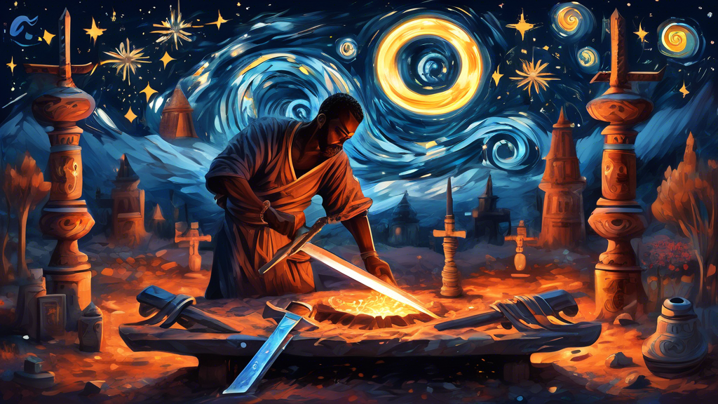 An ancient blacksmith forging a steel sword under a starry night sky, surrounded by various spiritual symbols from different cultures, highlighting the mystical and cultural significance of steel.