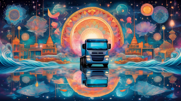 An ethereal dreamscape with translucent trucks floating through a starry night sky, surrounded by various spiritual symbols like mandalas and lotuses, casting soft reflections on a tranquil, mirror-li