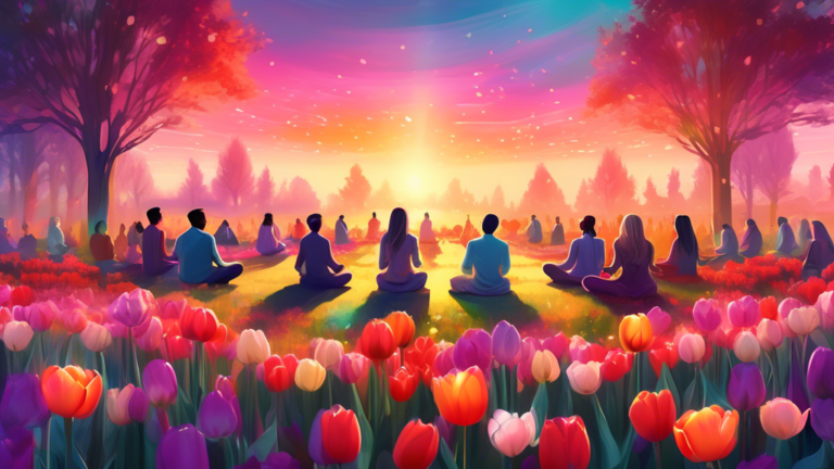 An ethereal scene of a serene garden at sunrise filled with vibrant tulips of various colors, each surrounded by a soft glowing aura, with a diverse group of people meditating peacefully among the flo