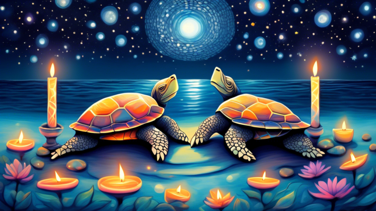 Two turtles with glowing patterns on their shells, sitting together under the moonlight on a serene beach, surrounded by small candles and white flowers, with a starry sky reflecting on a calm ocean i