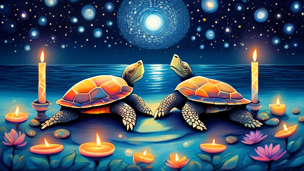 Two turtles with glowing patterns on their shells, sitting together under the moonlight on a serene beach, surrounded by small candles and white flowers, with a starry sky reflecting on a calm ocean i