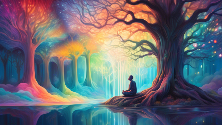 A serene dream-like scene depicting a person meditating under a large, tranquil tree while a spectrum of colorful ethereal spirits in the form of light emanates from him, symbolizing an abstract and s