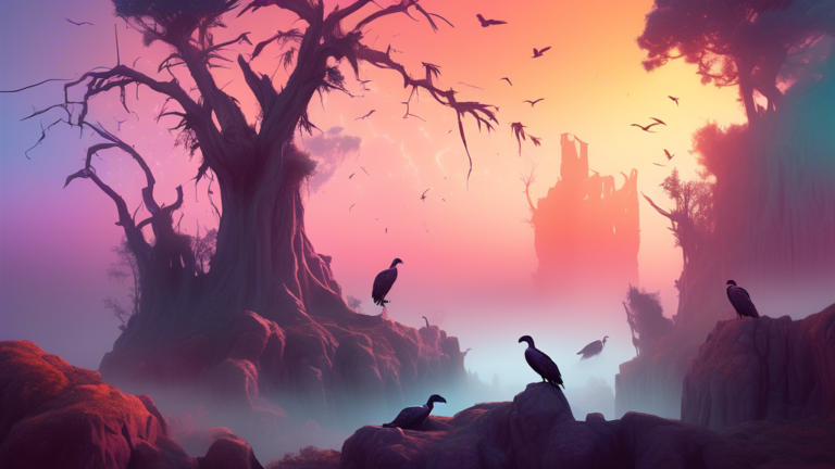 An ethereal landscape at sunrise, with a group of vultures perched solemnly on ancient, gnarled trees, overshadowing stone ruins that depict spiritual symbols, while soft beams of light filter through