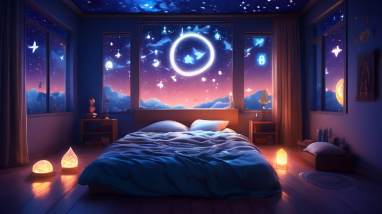 A serene bedroom bathed in moonlight, with a window open to a starry night sky, while a person sits upright on the bed looking thoughtful and reflective, surrounded by transparent, glowing symbols of