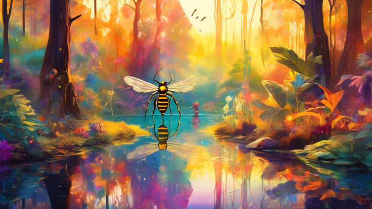 A serene, ethereal forest clearing, bathed in golden sunlight, with a giant, translucent wasp, its wings shimmering with a spectrum of colors, hovering gently above a reflective pond, surrounded by di