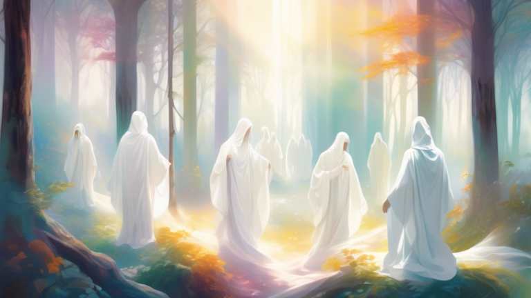 A serene landscape with multiple ethereal figures in various meditative poses, all dressed in flowing white robes, amidst a softly glowing forest with gentle beams of sunlight piercing through the mis