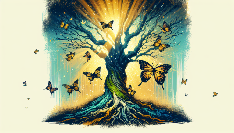 An ethereal forest setting with delicate yellow and black butterflies fluttering around an ancient, wise-looking tree that emanates a soft, mystical glow, symbolizing spiritual enlightenment and trans