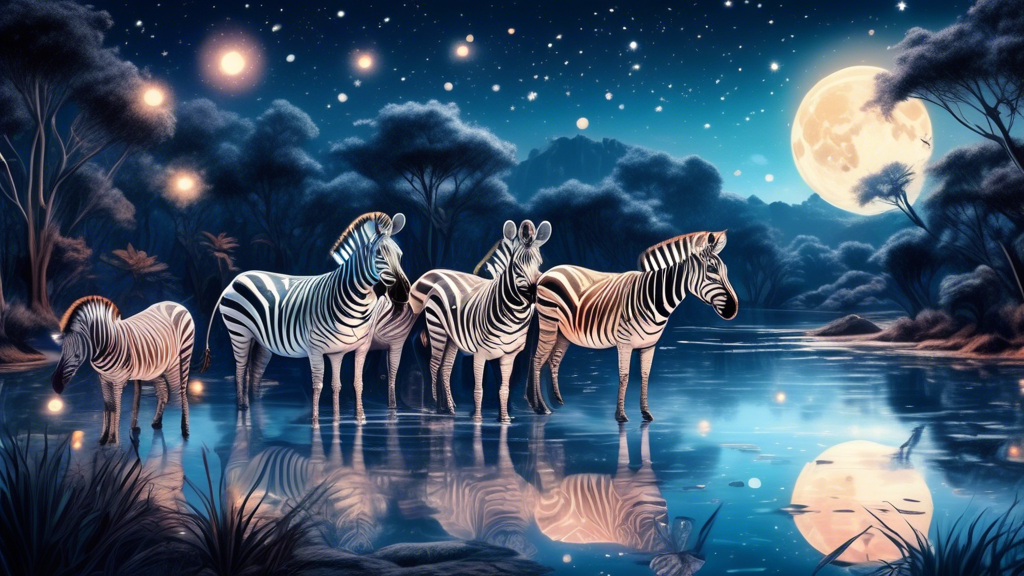 An ethereal scene showing a group of zebras peacefully drinking from a crystal-clear lake under a radiant full moon, with soft glowing lights and subtle mystical symbols floating above them in a starr