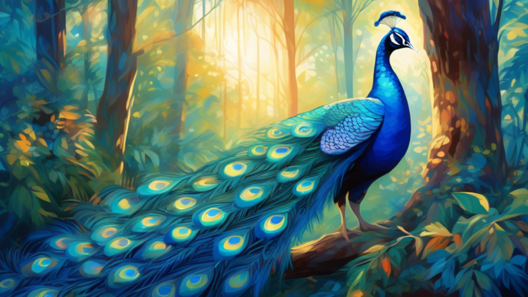 A majestic blue peacock with vibrant, shimmering feathers displayed in a lush, mystical forest, surrounded by soft beams of sunlight filtering through the trees, symbolizing spiritual awakening and be