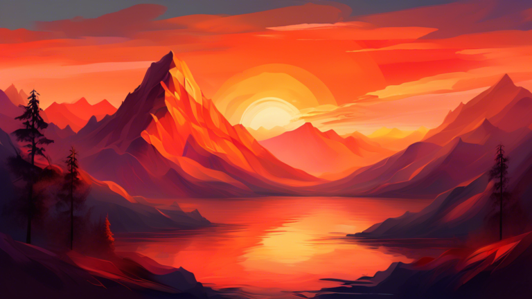 An ethereal scene depicting a serene mountain landscape during sunset, with shades of vibrant orange cascading across the sky, embodying a sense of peace and spiritual awakening.