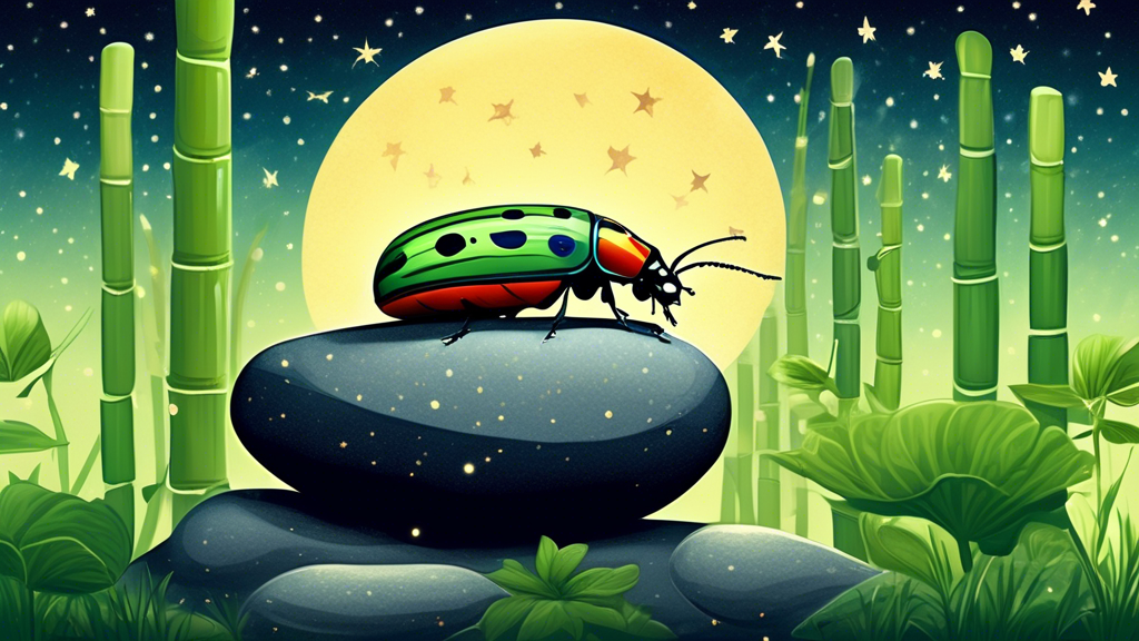 A serene Zen garden at twilight, with a large, shimmering cucumber beetle perched atop a smooth stone, surrounded by lush green cucumbers and bamboo, under a peaceful, starry sky.