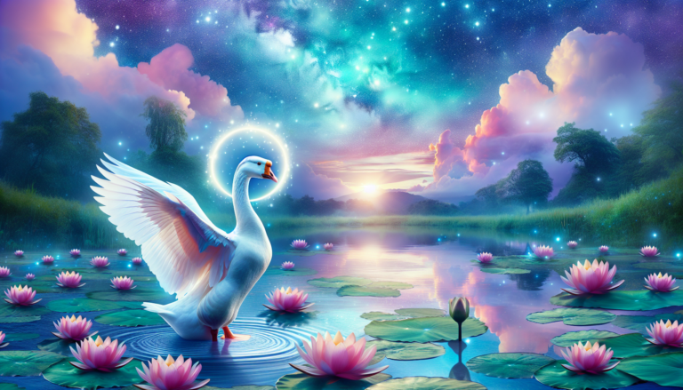 An ethereal landscape with a majestic goose surrounded by a halo of light, standing beside a tranquil pond with floating lotus flowers, under a starry twilight sky, conveying a sense of peace and spir
