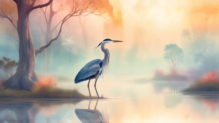A tranquil scene depicting a majestic heron standing beside a misty lake at sunrise, with soft light filtering through ancient trees and faint symbols of various spiritual elements like mandalas and l