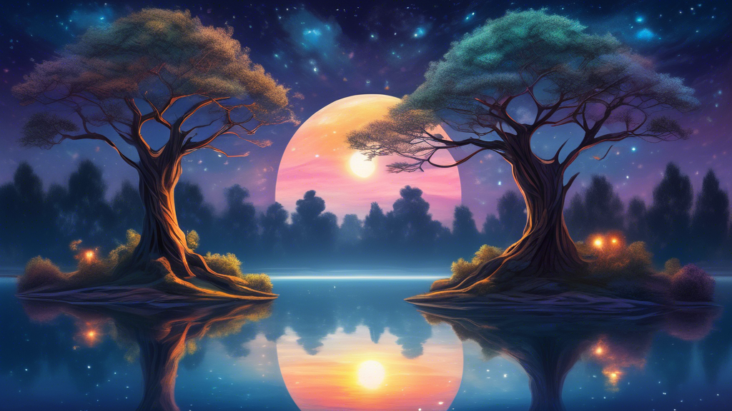 A serene and mystical landscape at twilight, with two majestic ancient trees standing side by side, casting long shadows over an ethereal lake that reflects the starry night sky, while two small, glow