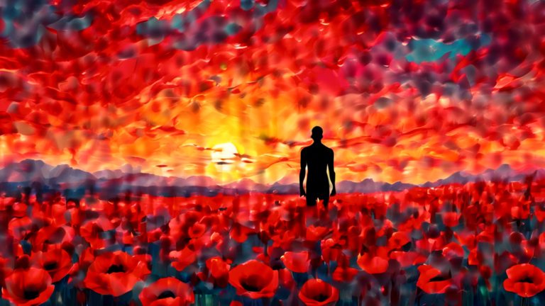 A serene landscape at sunset, featuring fields of vibrant red poppies under a majestic sky, with a transparent silhouette of a meditating figure overlaid on the scene, symbolizing peace and spirituali