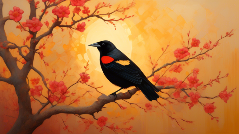 A serene landscape depicting a red-winged blackbird perched on a blooming branch under a radiant, golden-hued sky, with soft, ethereal light casting a mystical glow and ancient symbols related to spir