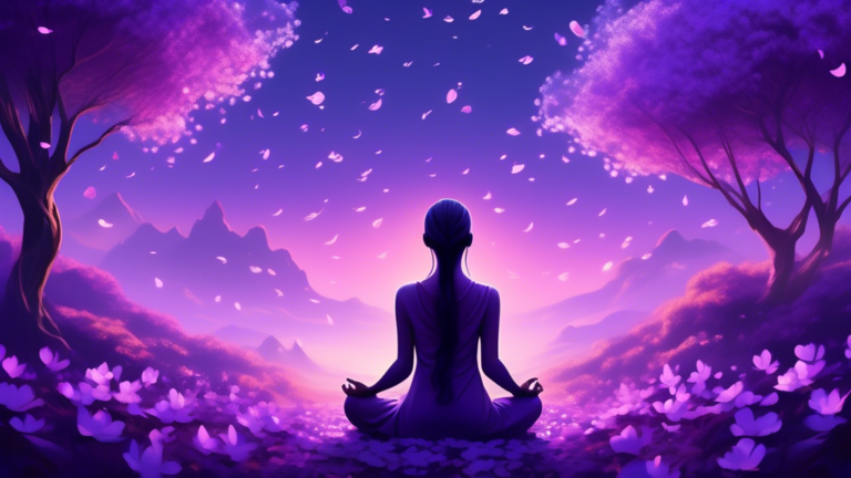 An ethereal scene of a serene meditation garden filled with various shades of violet flowers under a twilight sky, illustrating a person in a meditative pose surrounded by softly glowing violet petals