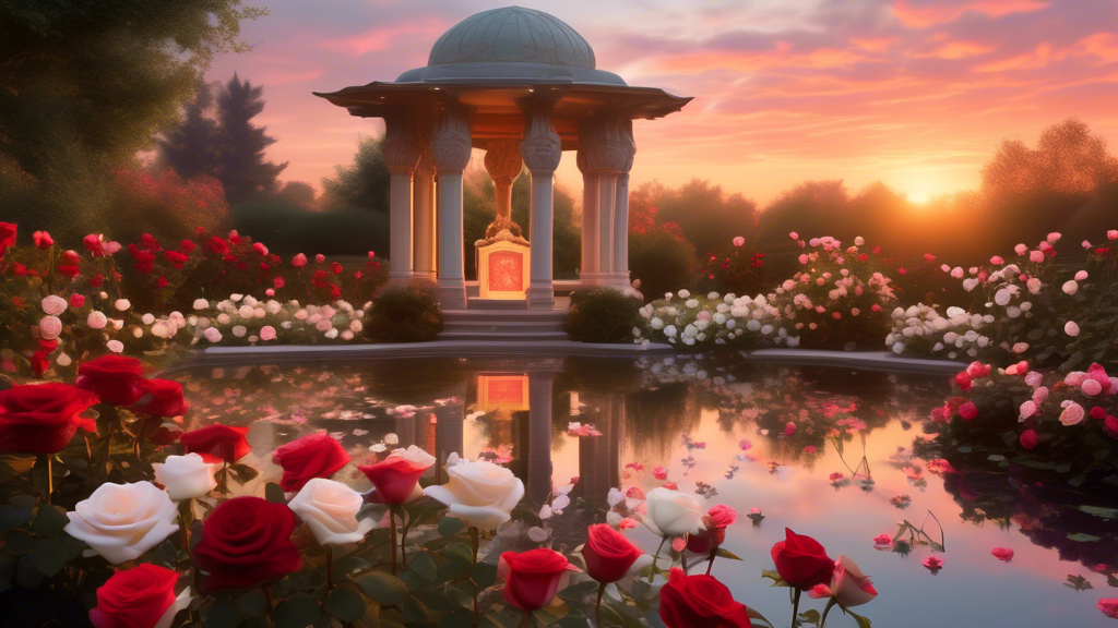 Create an ethereal scene in a tranquil garden at sunset, with a variety of roses in full bloom ranging in colors from deep red to pure white, each glowing subtly as if emitting a soft light. In the ba