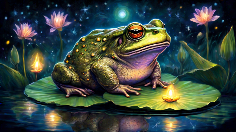 An enchanting illustration of a wise old toad sitting on a lily pad at twilight, surrounded by glowing fireflies, with ancient symbols of spirituality etched into its skin, reflecting the moonlight in