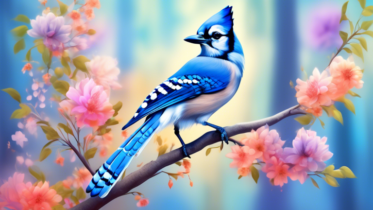 An artistic representation of a blue jay perched on a vibrant flowering branch, with soft-focus forest background, highlighting the symbolic meanings associated with the bird, like intelligence and cu