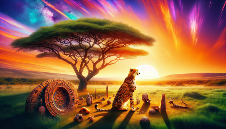 An artistic representation of a cheetah sitting under a large acacia tree at sunset, surrounded by ancient tribal symbols and artifacts, in a surreal, vividly colored savannah landscape.