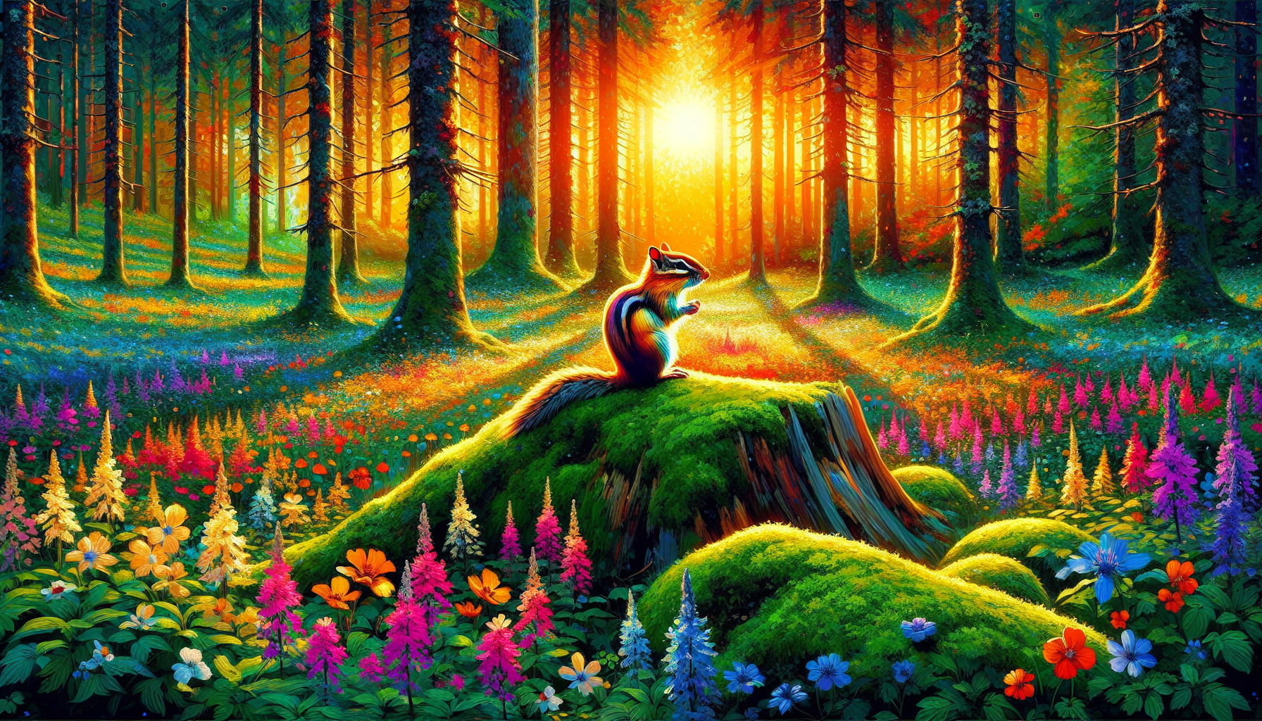 An enchanting forest glade with a wise old chipmunk perched atop a moss-covered stone, surrounded by vibrant wildflowers, under the soft, shimmering light of a setting sun, symbolizing curiosity and p