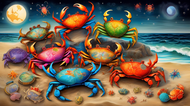 A whimsical painting of a group of vibrant, colorful crabs each adorned with different ancient symbols and patterns, gathered around an old, weathered treasure map on a sandy beach under a bright moon