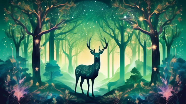 An ethereal forest scene at twilight with translucent deer composed of starlight and celestial elements, surrounded by ancient trees with deep green leaves, reflecting the mystical and spiritual symbo