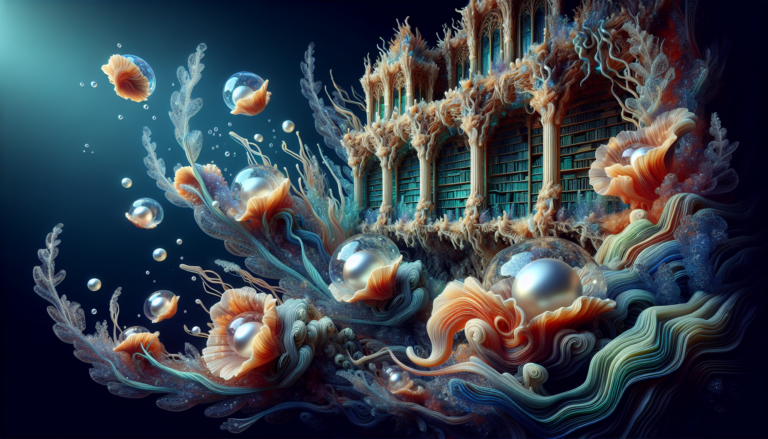 An ethereal underwater scene depicting an ancient library made of coral and seaweed, with translucent, illuminating oysters scattered around, each containing a glowing pearl, symbolizing wisdom and th