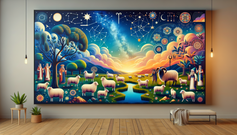 A serene landscape filled with a diverse array of mythical and cultural representations of sheep, including a golden fleece and a shepherd from ancient folklore, under a vibrant, starry sky, with symb