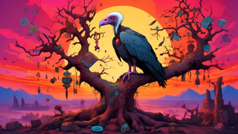 A wise old vulture perched atop an ancient, gnarled tree under a vibrant sunset sky, surrounded by scattered symbols and artifacts representing life, death, and renewal.
