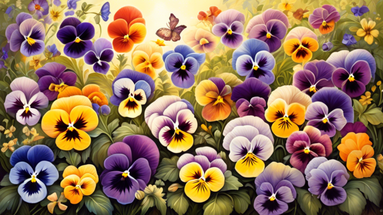 An enchanting painting of a lush garden filled with vibrant pansies in full bloom, each petal delicately detailed to emphasize distinct colors and patterns, surrounded by small fairies examining and i