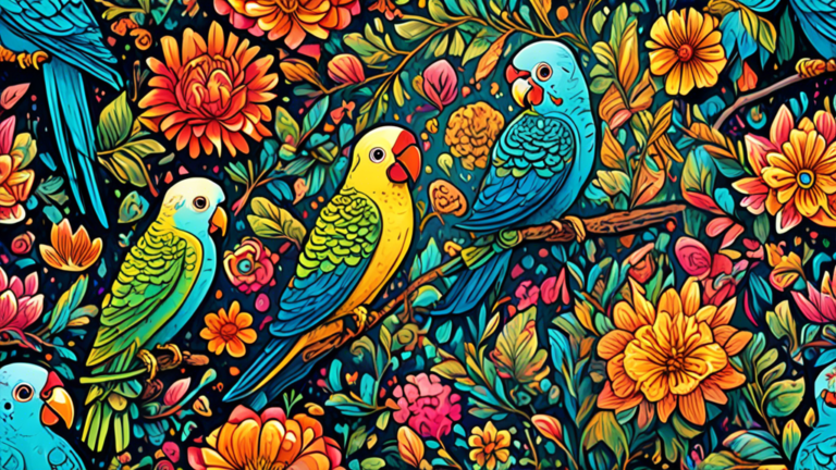 An intricate, vibrant illustration of various colorful parakeets surrounded by symbolic elements like flowers, stars, and ancient scrolls, each depicting different cultural interpretations and mythica