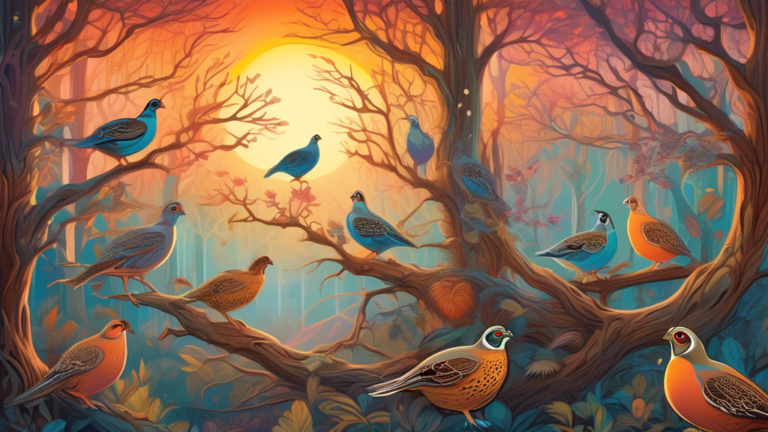 An ethereal forest scene at sunrise, with various species of quail perched on ancient, gnarled trees, each quail surrounded by soft glowing halos that represent different symbolic meanings: love, cour