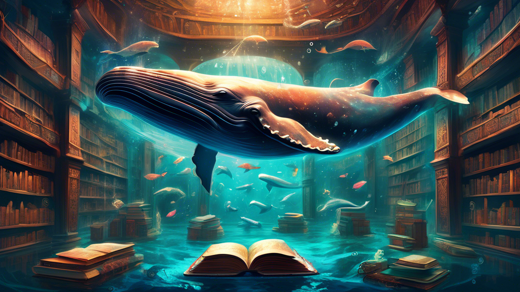 An ethereal underwater scene where a group of diverse whales, each adorned with ancient symbols and scripts from different cultures around the world, swims gracefully around a submerged, glowing libra