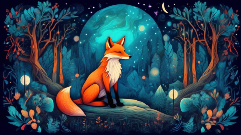 A mystical fox sitting under a moonlit sky surrounded by ancient, symbolic runes and lush, enchanted woods.