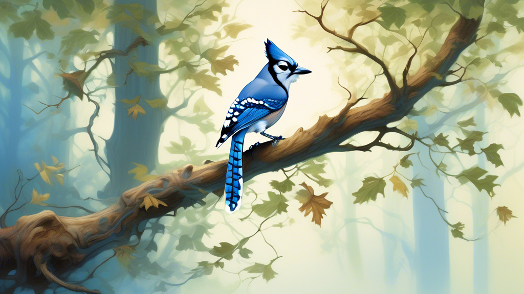 Create a serene woodland scene with early morning mist floating through trees, a blue jay perched on a gnarled oak branch, its vivid feathers contrasting with the soft greens and browns of the forest.