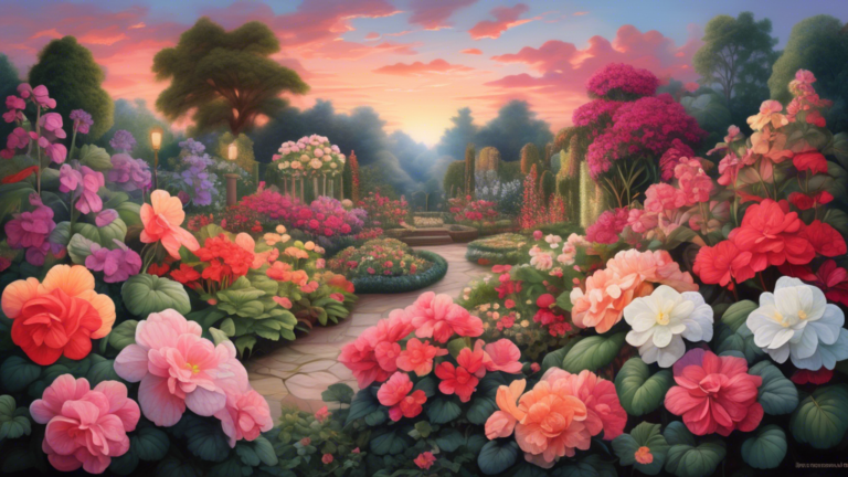 An intricate painting of a lush garden filled with various types of begonias, each different species subtly representing different emotions and qualities, under a soft, enchanting twilight sky.