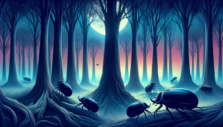 Enigmatic forest scene at twilight with vibrant, oversized black beetles scattered among ancient trees, their shells reflecting the moonlight, creating an aura of mystery and ancient symbolism.
