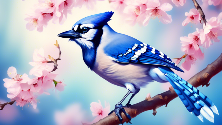 A majestic blue jay perched on a branch of a blooming cherry tree, with soft focus on vibrant blue feathers and blossoms, illustrating the themes of renewal and vigilance in a tranquil forest setting.