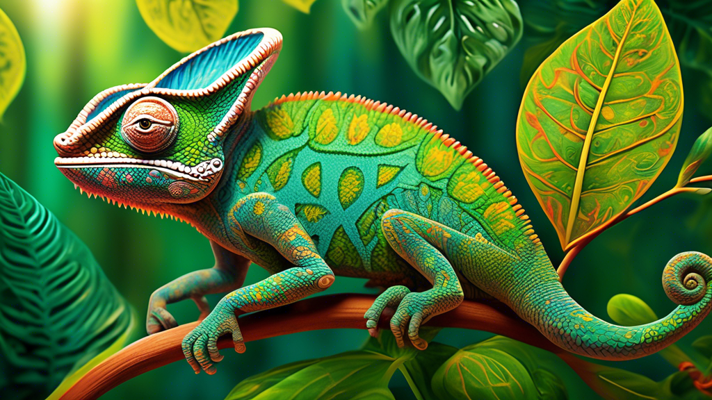 Create an image of a chameleon perched on a vibrant green leaf with a richly detailed forest background, the patterns on its skin forming intricate symbols from various ancient cultures. The backgroun