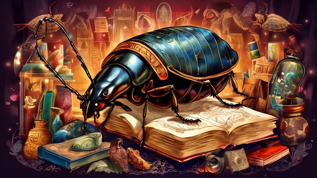 An artistic representation of a giant cockroach surrounded by various cultural symbols from around the world, under a magnifying glass, set in a mysterious, dimly lit library with ancient books and sc