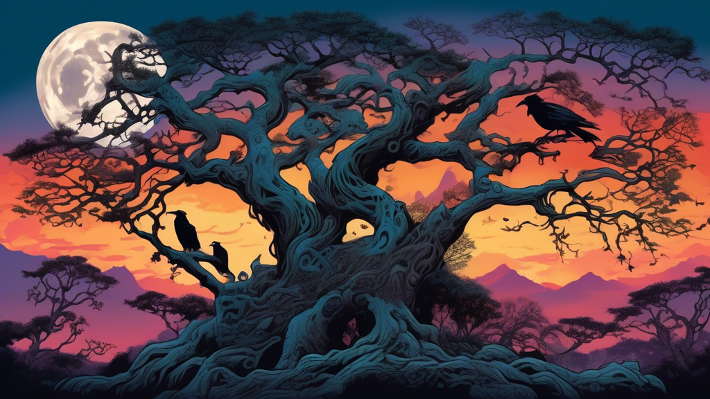 A mystical landscape at dusk where multiple large crows are perched on ancient, gnarled trees; in the background, culturally distinct symbols (Celtic, Native American, Japanese) integrated subtly into