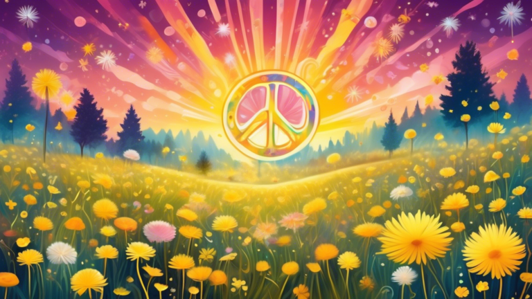 A mystical meadow under a sunrise, filled with golden dandelions, each transforming into whimsical symbols like peace signs, hearts, and stars, with a captivating, dreamy atmosphere.