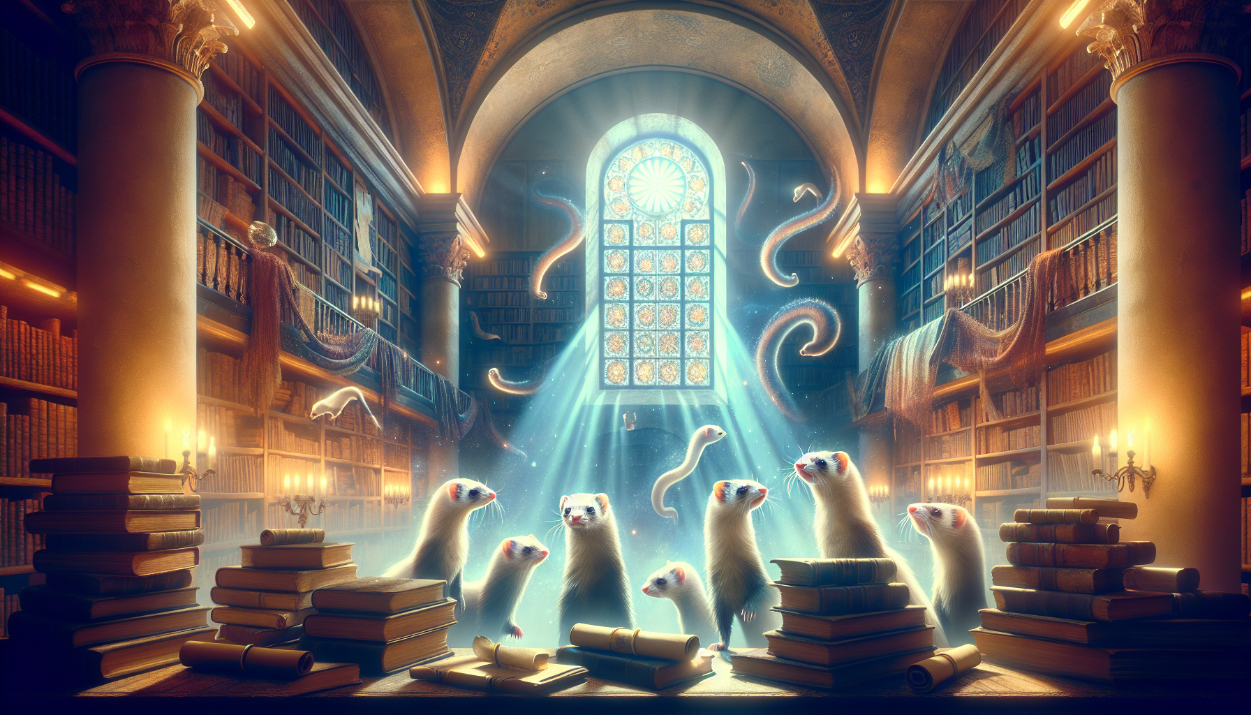 An imaginative illustration of multiple ferrets in various symbolic poses inside an ancient library filled with books and scrolls, under a large window casting mystical light, emphasizing an air of my