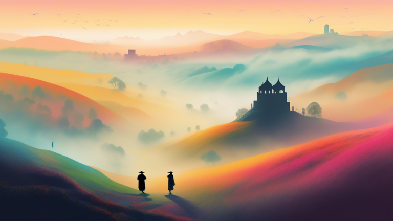 An ethereal landscape of rolling hills covered in dense, mysterious fog, with silhouette figures of a poet and a philosopher wandering through, discussing, while ancient and modern cultural symbols in