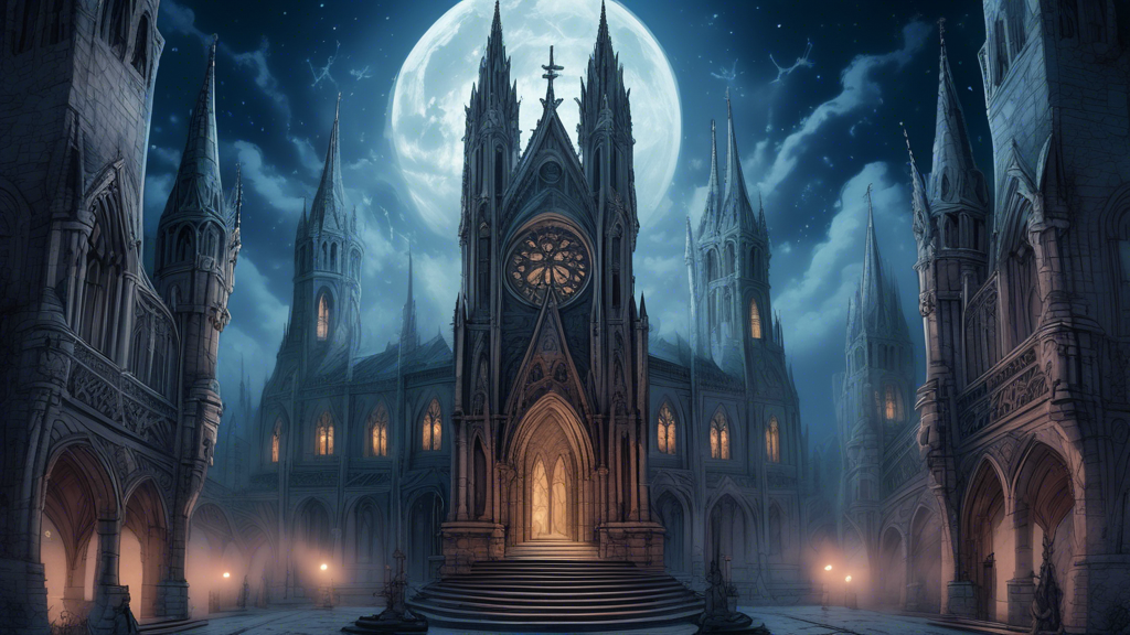 An enchanting Gothic cathedral under a moonlit sky, towering spires and detailed stonework featuring various gargoyles in different poses, symbolizing protection and warding off evil spirits, with a m