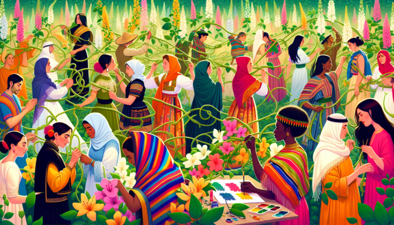 An enchanting illustration of diverse groups of people from various cultures gathered in a lush, vibrant garden, each group interacting with honeysuckle plants in ways that reflect their unique tradit
